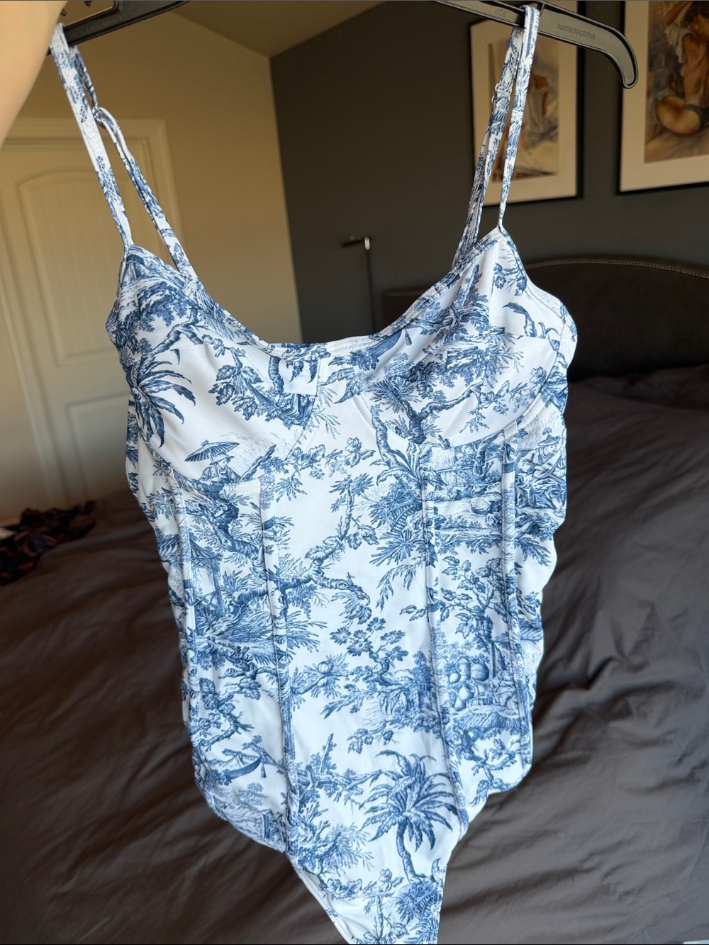 Blue Toile One-Piece Swimsuit with Slim Adjustable Straps